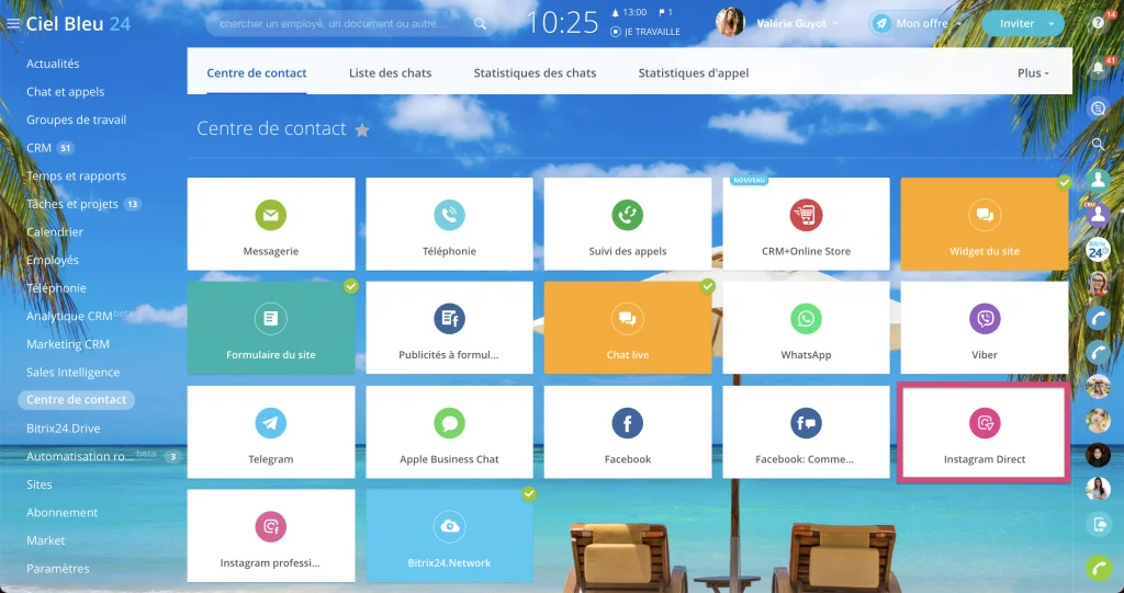 Le centre de contact Bitrix24 permet de connecter sa page Instagram pour recevoir les commentaires, les messages et autres notifications d'Instagram directement sur Bitrix24.